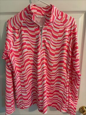 Lady Hagen Pink, White & Coral Wave-Print Half-Zip Pullover